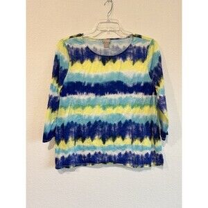 Chico's Zenergy 3 Women's Blue Yellow Tie Dye 3/4 Sleeve Blouse Round Neck 16/18